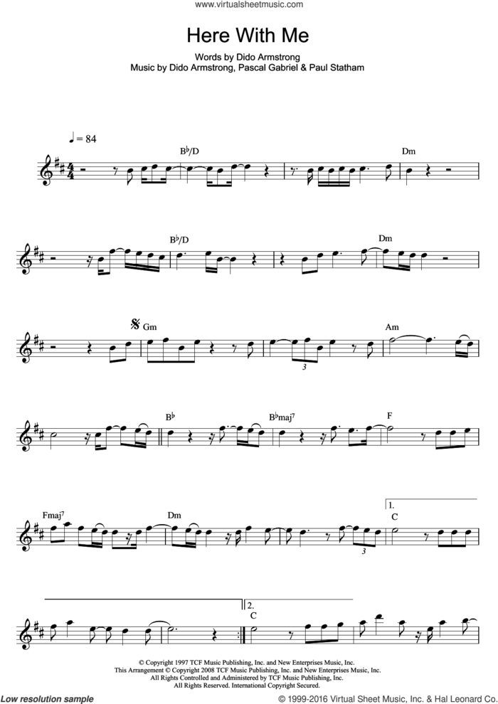 Here With Me sheet music for saxophone solo by Dido Armstrong, Pascal Gabriel and Paul Statham, intermediate skill level