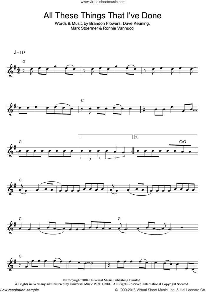 All These Things That I've Done sheet music for flute solo by The Killers, Brandon Flowers, Dave Keuning, Mark Stoermer and Ronnie Vannucci, intermediate skill level