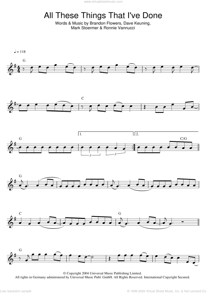 All These Things That I've Done sheet music for flute solo by The Killers, Brandon Flowers, Dave Keuning, Mark Stoermer and Ronnie Vannucci, intermediate skill level