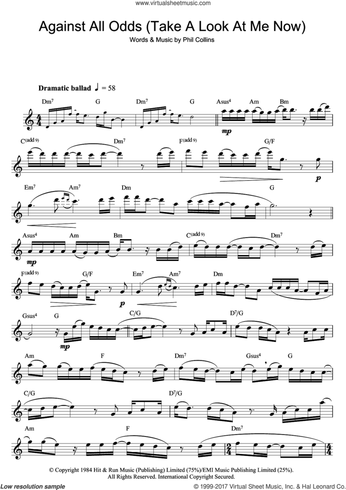 Against All Odds (Take A Look At Me Now) sheet music for flute solo by Phil Collins, intermediate skill level