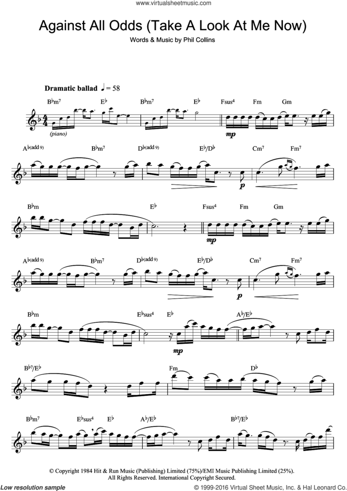 Against All Odds (Take A Look At Me Now) sheet music for saxophone solo by Phil Collins, intermediate skill level