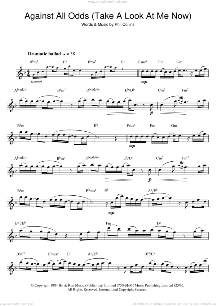 Against All Odds (Take A Look At Me Now) sheet music for saxophone solo by Phil Collins, intermediate skill level