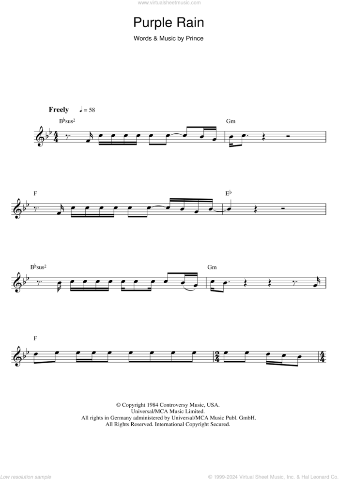 Purple Rain sheet music for flute solo by Prince, intermediate skill level