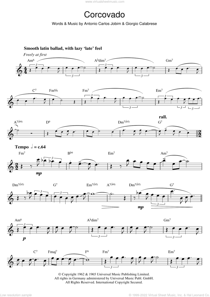 Corcovado (Quiet Nights Of Quiet Stars) sheet music for flute solo by Antonio Carlos Jobim and Giorgio Calabrese, intermediate skill level
