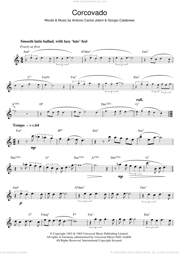 Corcovado (Quiet Nights Of Quiet Stars) sheet music for flute solo by Antonio Carlos Jobim and Giorgio Calabrese, intermediate skill level