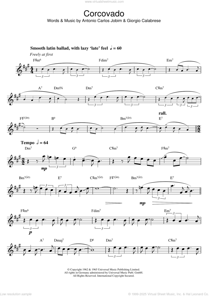 Corcovado (Quiet Nights Of Quiet Stars) sheet music for saxophone solo by Antonio Carlos Jobim and Giorgio Calabrese, intermediate skill level