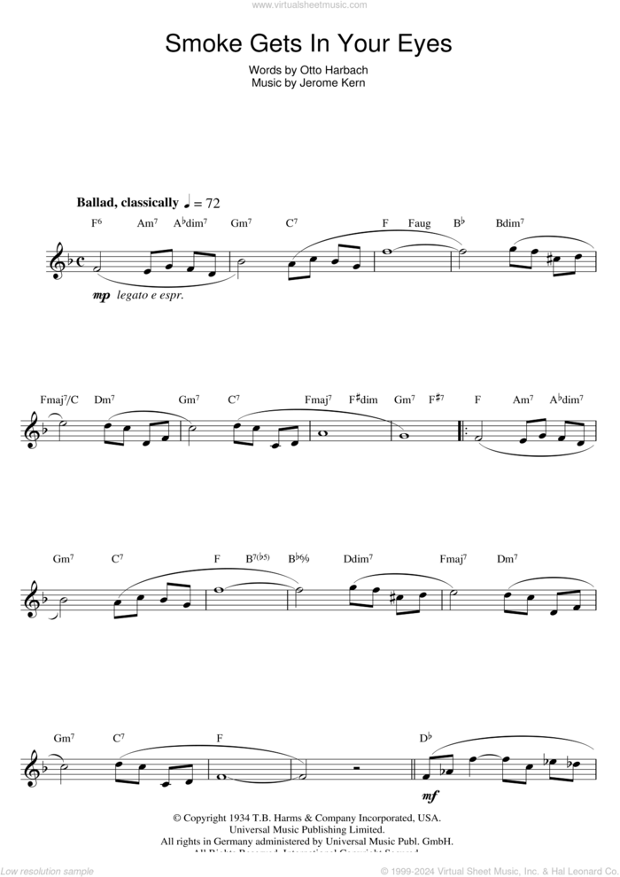 Smoke Gets In Your Eyes sheet music for flute solo by The Platters, Jerome Kern and Otto Harbach, intermediate skill level