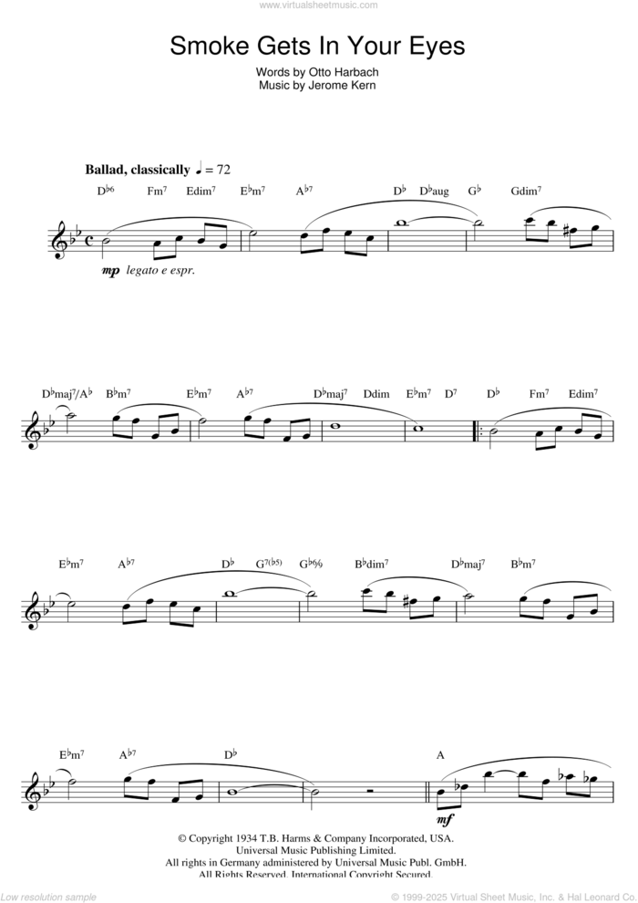 Smoke Gets In Your Eyes sheet music for saxophone solo by The Platters, Jerome Kern and Otto Harbach, intermediate skill level