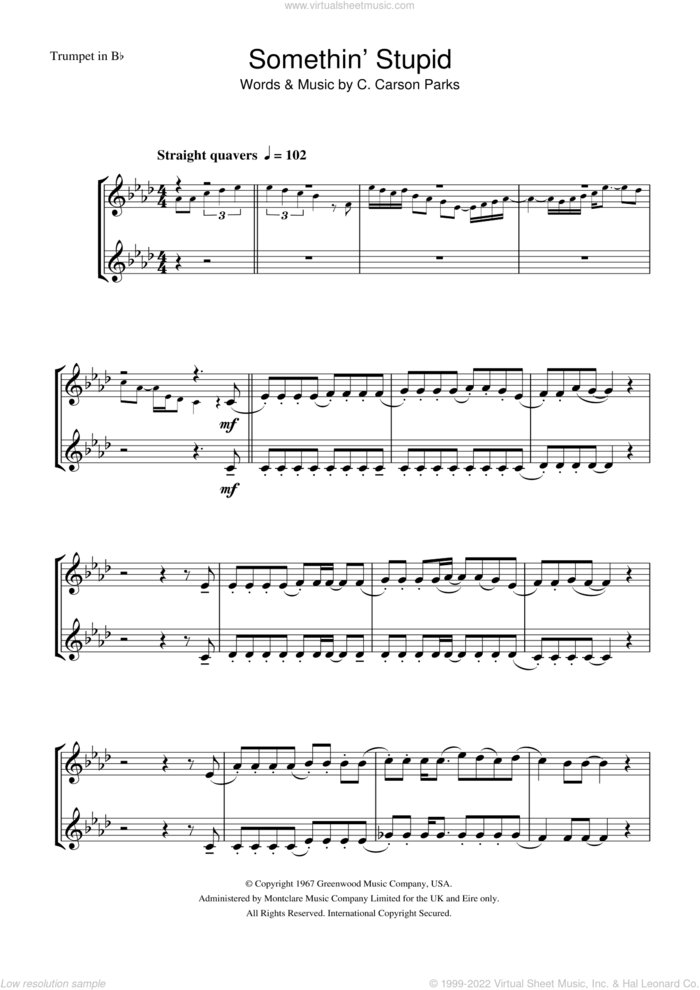 Somethin' Stupid sheet music for trumpet solo by Frank Sinatra and C. Carson Parks, intermediate skill level