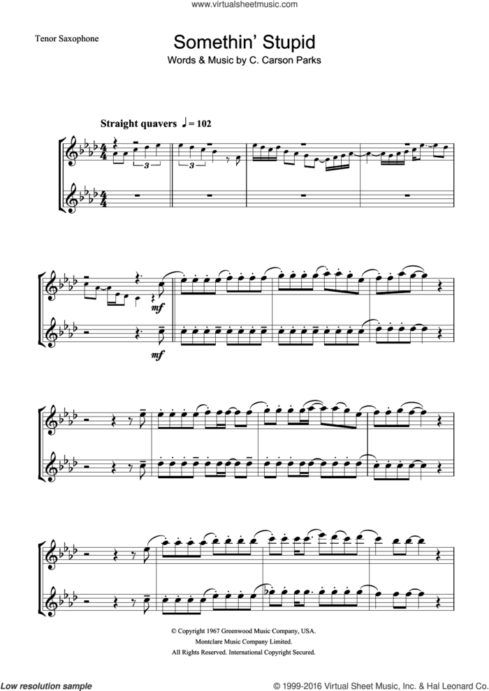 Somethin' Stupid sheet music for tenor saxophone solo by Frank Sinatra and C. Carson Parks, intermediate skill level