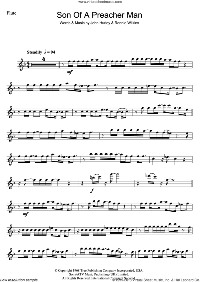 Son-Of-A-Preacher Man sheet music for flute solo by Dusty Springfield, John Hurley and Ronnie Wilkins, intermediate skill level