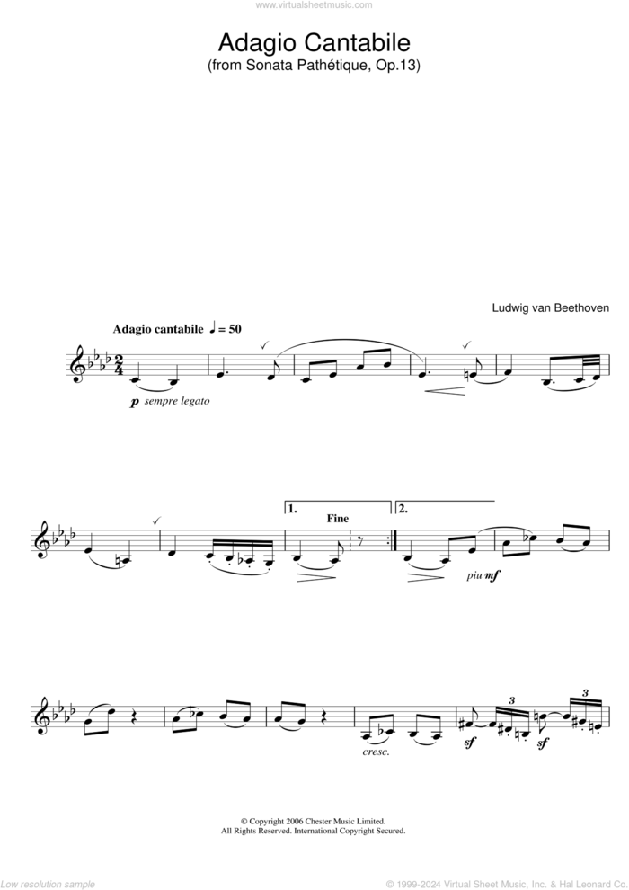 Adagio Cantabile from Sonate Pathetique Op.13 sheet music for clarinet solo by Ludwig van Beethoven, classical score, intermediate skill level