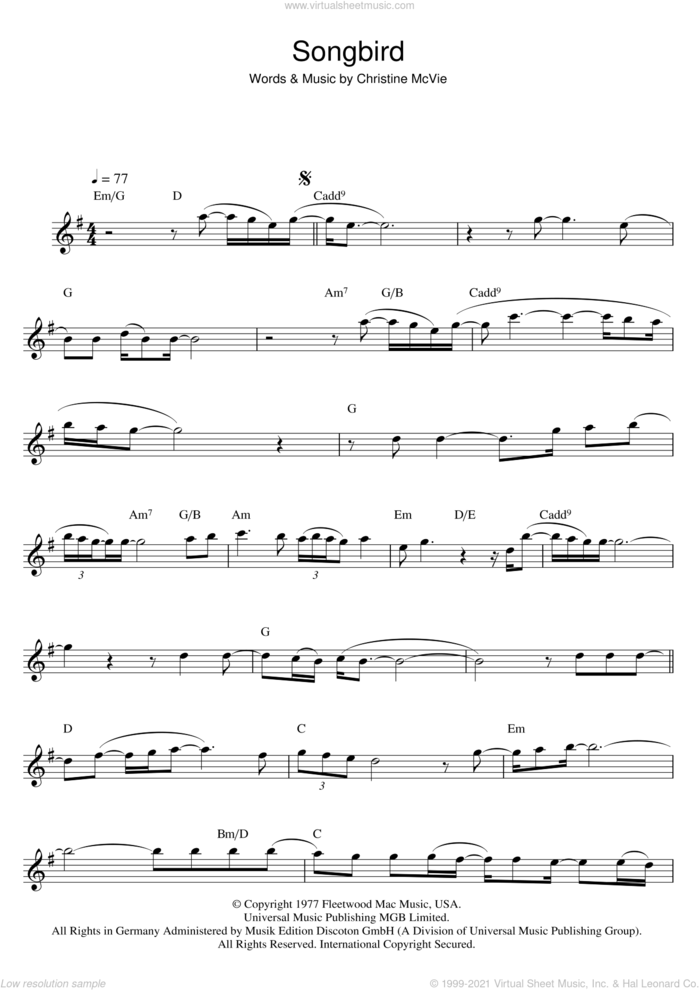 Songbird sheet music for flute solo by Fleetwood Mac and Christine McVie, intermediate skill level
