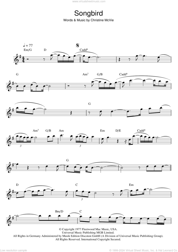 Songbird sheet music for flute solo by Fleetwood Mac and Christine McVie, intermediate skill level