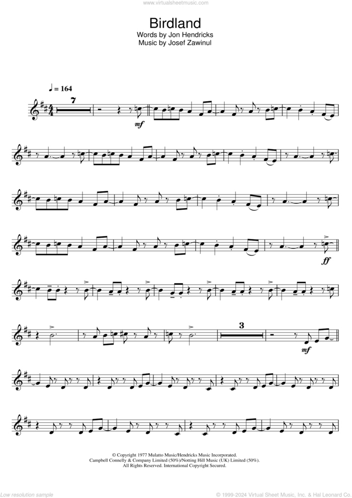 Birdland sheet music for clarinet solo by Weather Report, Joe Zawinul and Jon Hendricks, intermediate skill level