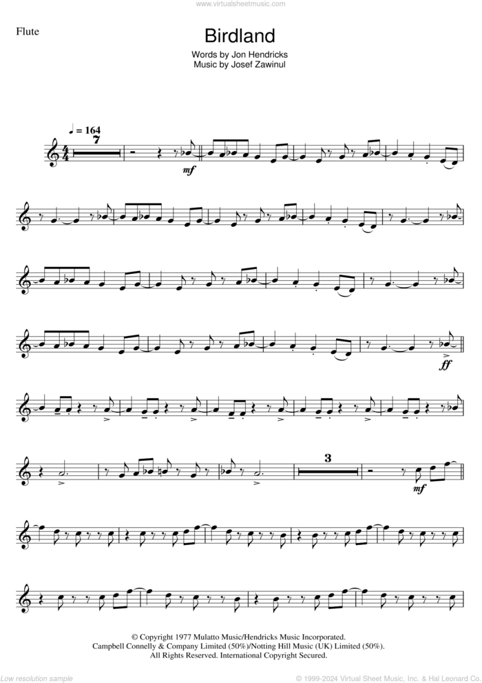 Birdland sheet music for flute solo by Weather Report, Joe Zawinul and Jon Hendricks, intermediate skill level