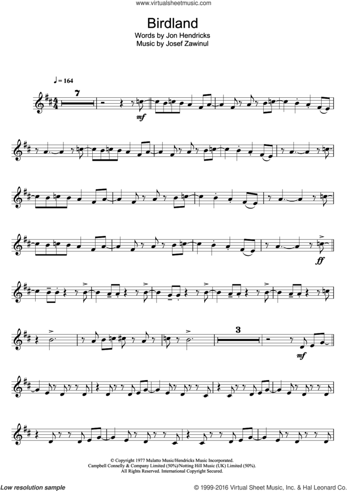 Birdland sheet music for trumpet solo by Weather Report, Joe Zawinul and Jon Hendricks, intermediate skill level