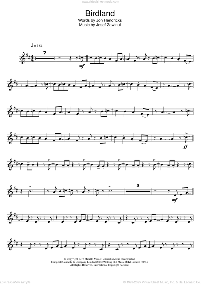 Birdland sheet music for trumpet solo by Weather Report, Joe Zawinul and Jon Hendricks, intermediate skill level