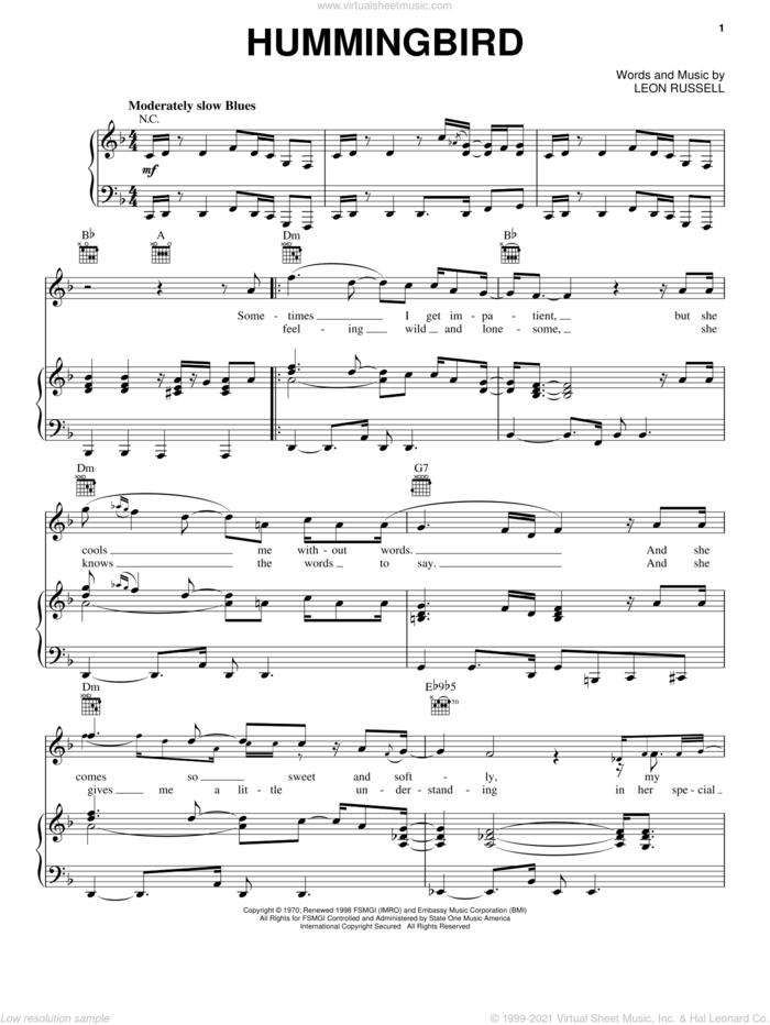 Hummingbird sheet music for voice, piano or guitar by Leon Russell, intermediate skill level