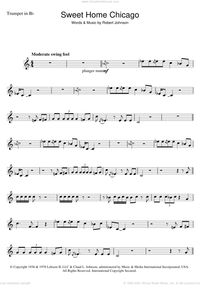 Sweet Home Chicago sheet music for trumpet solo by Robert Johnson, intermediate skill level