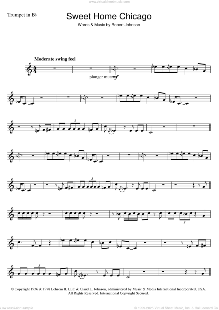 Sweet Home Chicago sheet music for trumpet solo by Robert Johnson, intermediate skill level