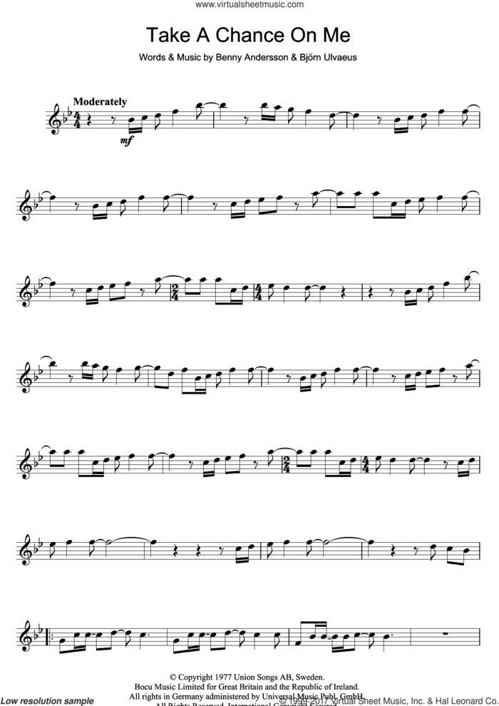 Take A Chance On Me sheet music for flute solo by ABBA, Benny Andersson and Bjorn Ulvaeus, intermediate skill level