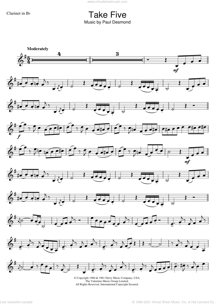Take Five sheet music for clarinet solo by Dave Brubeck and Paul Desmond, intermediate skill level