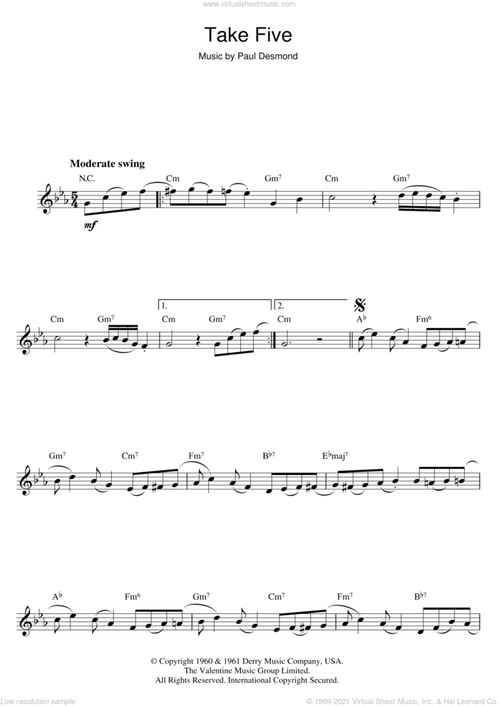 Take Five sheet music for flute solo by Dave Brubeck and Paul Desmond, intermediate skill level