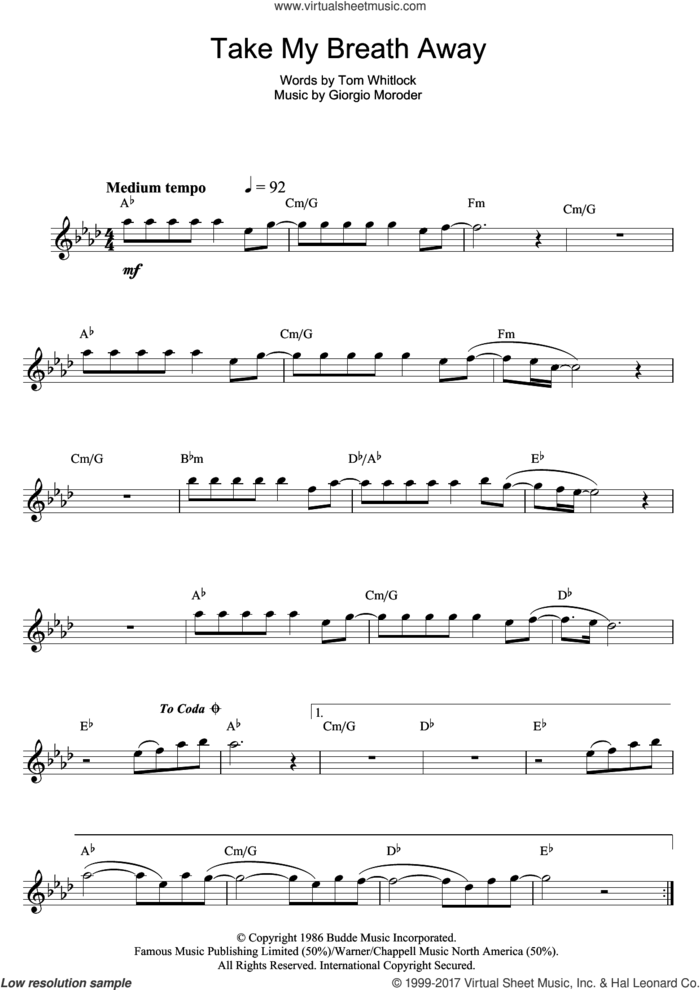 Take My Breath Away sheet music for flute solo by Giorgio Moroder, Irving Berlin and Tom Whitlock, intermediate skill level