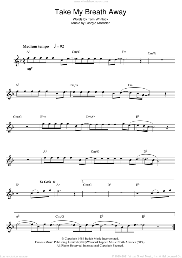 Take My Breath Away sheet music for saxophone solo by Giorgio Moroder, Irving Berlin and Tom Whitlock, intermediate skill level