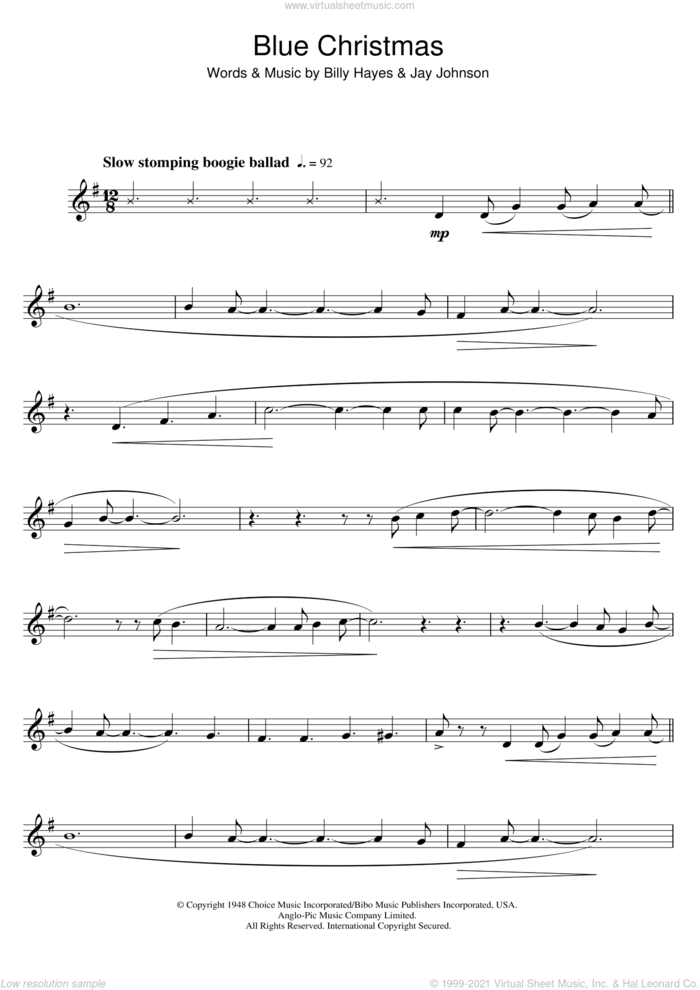 Blue Christmas sheet music for clarinet solo by Elvis Presley, Billy Hayes and Jay Johnson, intermediate skill level