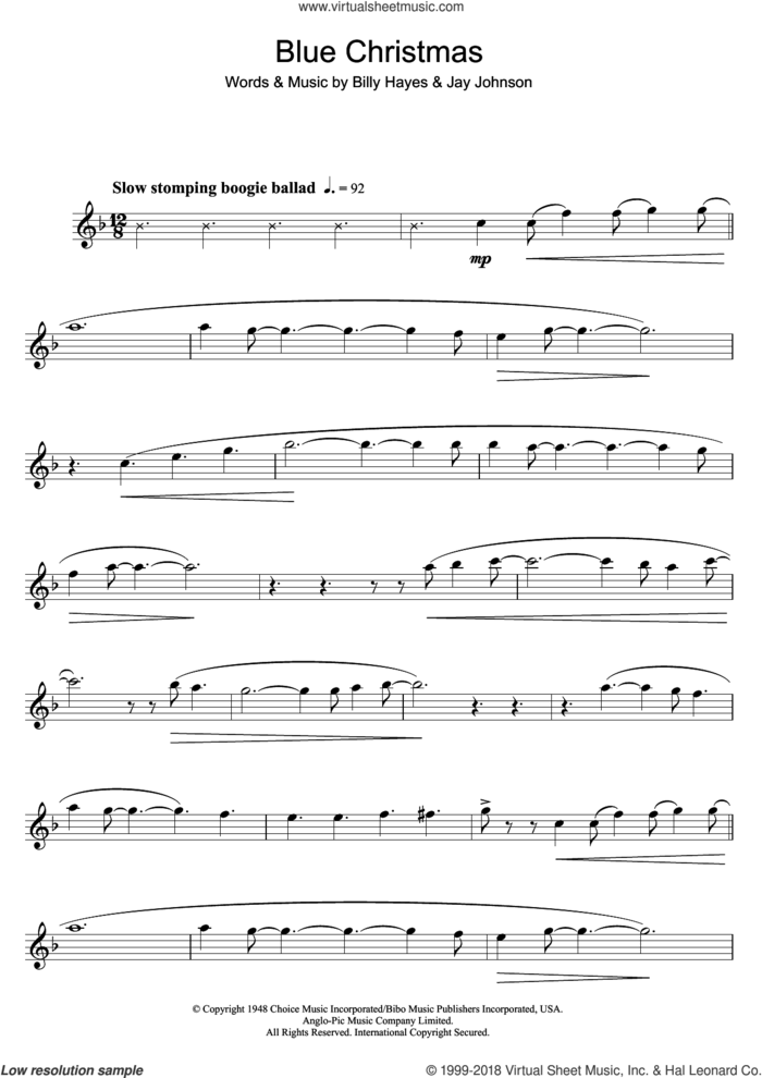 Blue Christmas sheet music for flute solo by Elvis Presley, Billy Hayes and Jay Johnson, intermediate skill level