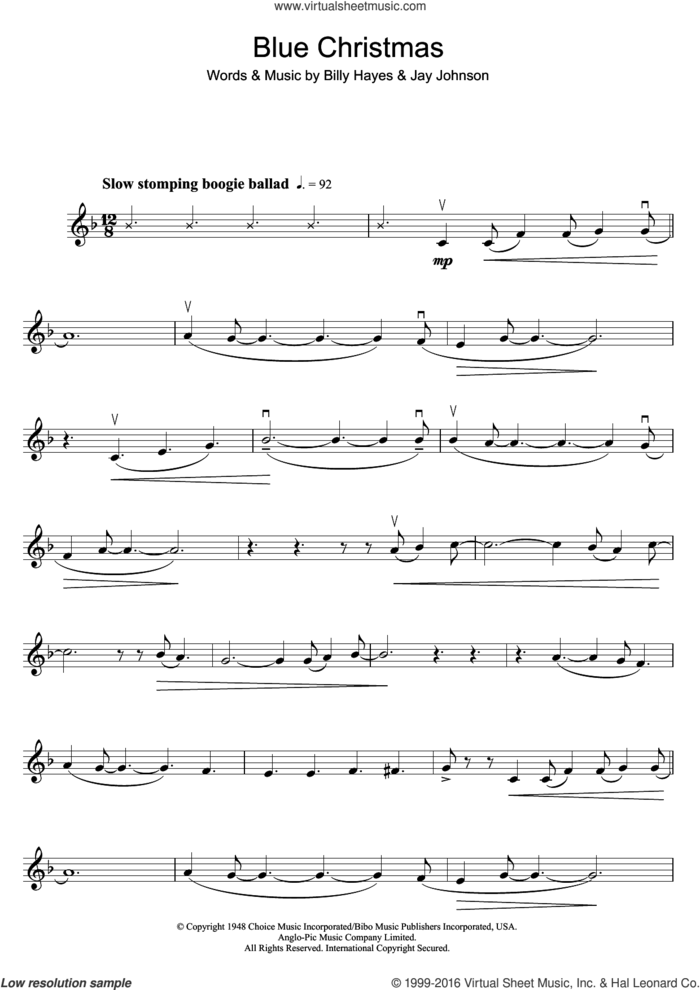 Blue Christmas sheet music for violin solo by Elvis Presley, Billy Hayes and Jay Johnson, intermediate skill level