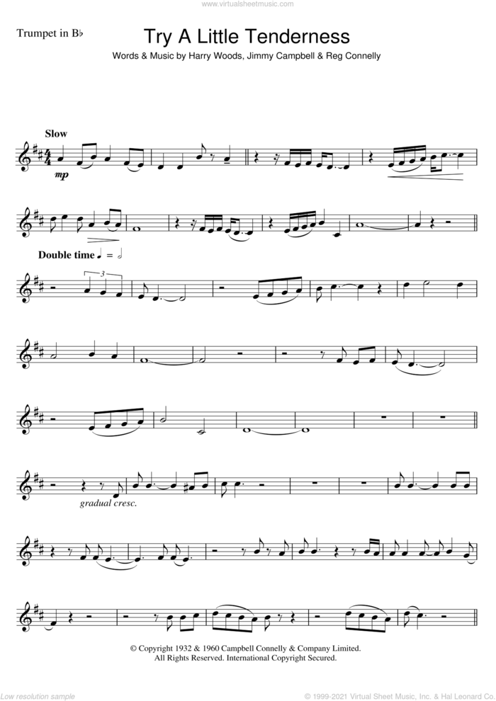 Try A Little Tenderness sheet music for trumpet solo by Otis Redding, Harry Woods, Jimmy Campbell and Reg Connelly, intermediate skill level