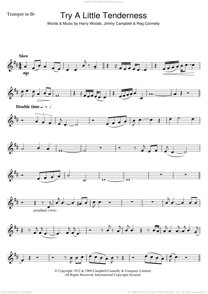 Try A Little Tenderness sheet music for trumpet solo by Otis Redding, Harry Woods, Jimmy Campbell and Reg Connelly, intermediate skill level