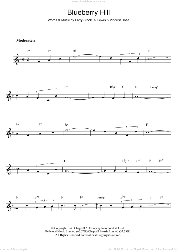 Blueberry Hill sheet music for flute solo by Fats Domino, Al Lewis, Larry Stock and Vincent Rose, intermediate skill level