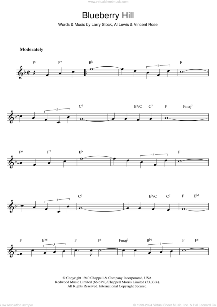 Blueberry Hill sheet music for flute solo by Fats Domino, Al Lewis, Larry Stock and Vincent Rose, intermediate skill level