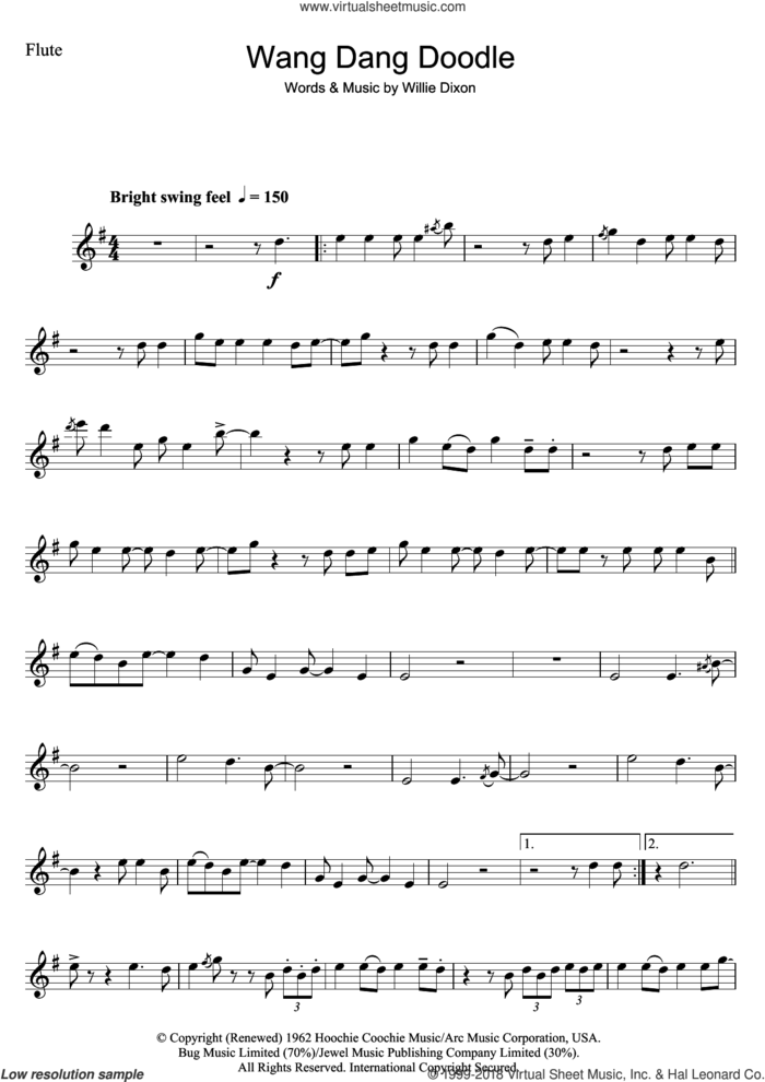 Wang Dang Doodle sheet music for flute solo by Koko Taylor and Willie Dixon, intermediate skill level