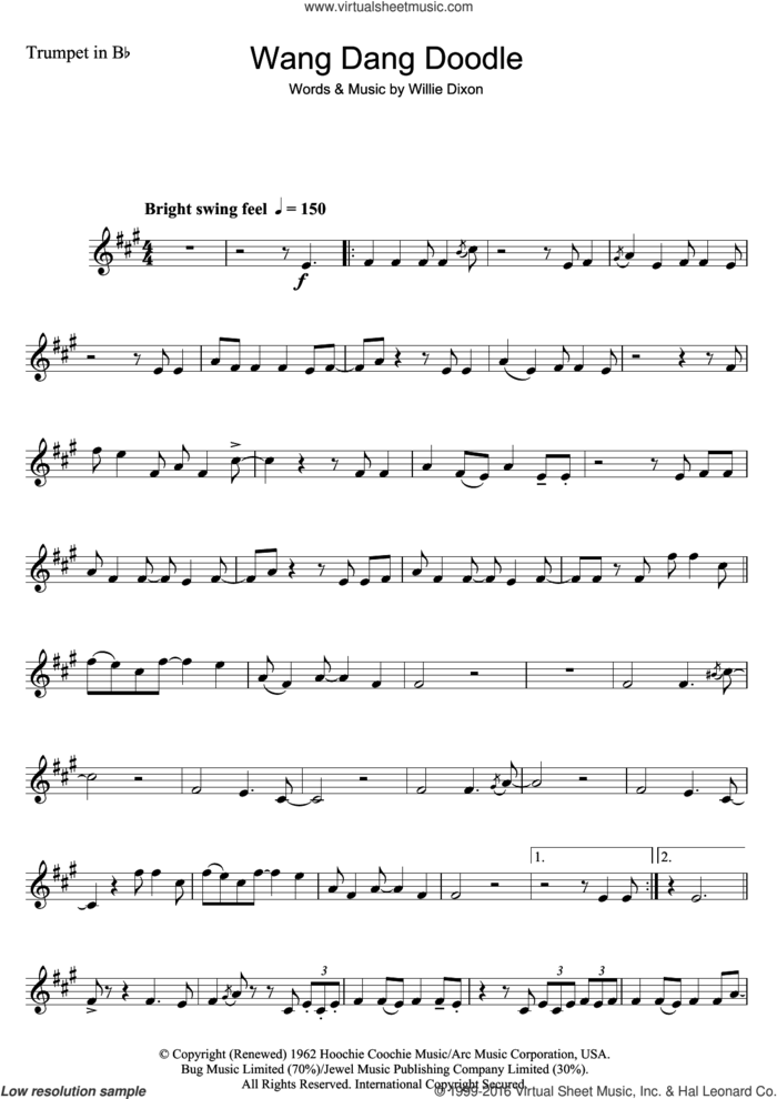 Wang Dang Doodle sheet music for trumpet solo by Koko Taylor and Willie Dixon, intermediate skill level