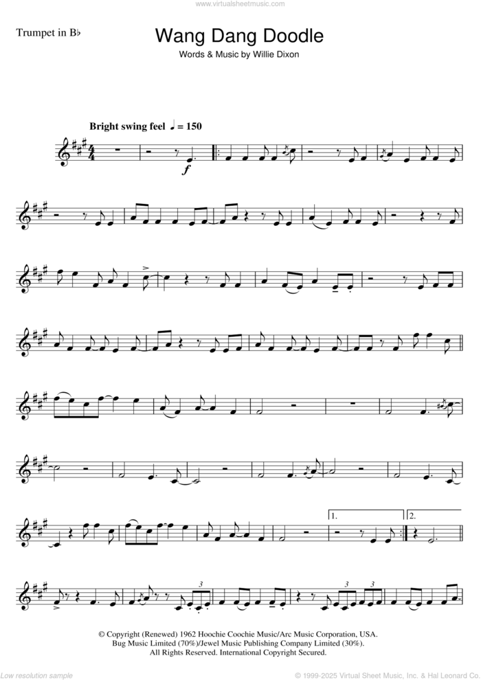 Wang Dang Doodle sheet music for trumpet solo by Koko Taylor and Willie Dixon, intermediate skill level