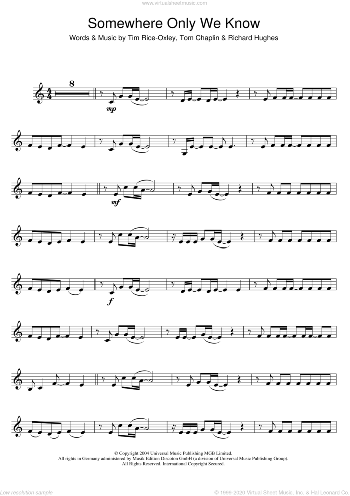 Somewhere Only We Know sheet music for clarinet solo by Tim Rice-Oxley, Richard Hughes and Tom Chaplin, intermediate skill level