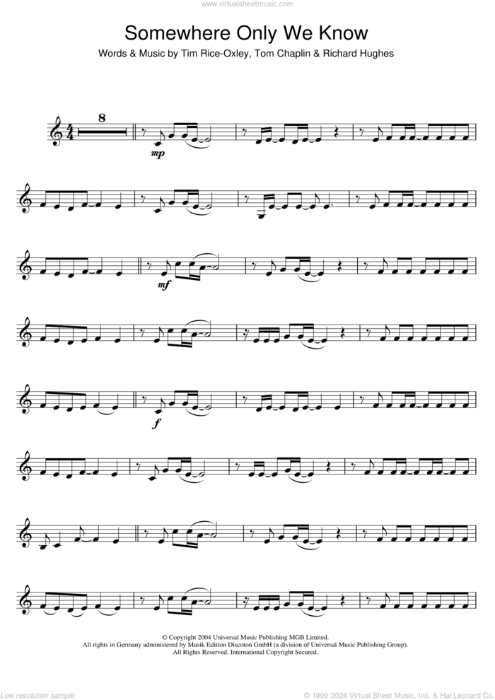 Somewhere Only We Know sheet music for clarinet solo by Tim Rice-Oxley, Richard Hughes and Tom Chaplin, intermediate skill level