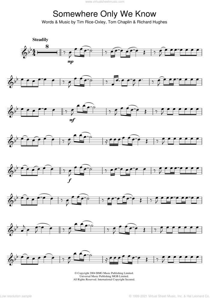 Somewhere Only We Know sheet music for flute solo by Tim Rice-Oxley, Richard Hughes and Tom Chaplin, intermediate skill level