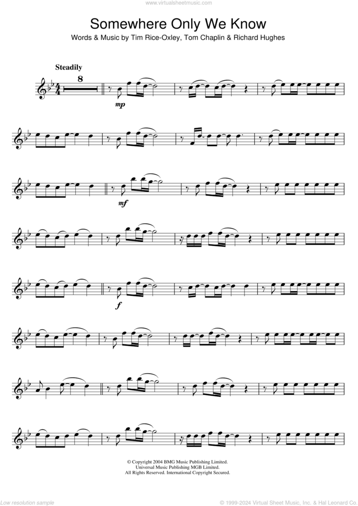 Somewhere Only We Know sheet music for flute solo by Tim Rice-Oxley, Richard Hughes and Tom Chaplin, intermediate skill level