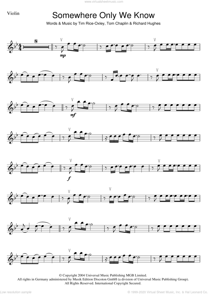 Somewhere Only We Know sheet music for violin solo by Tim Rice-Oxley, Richard Hughes and Tom Chaplin, intermediate skill level