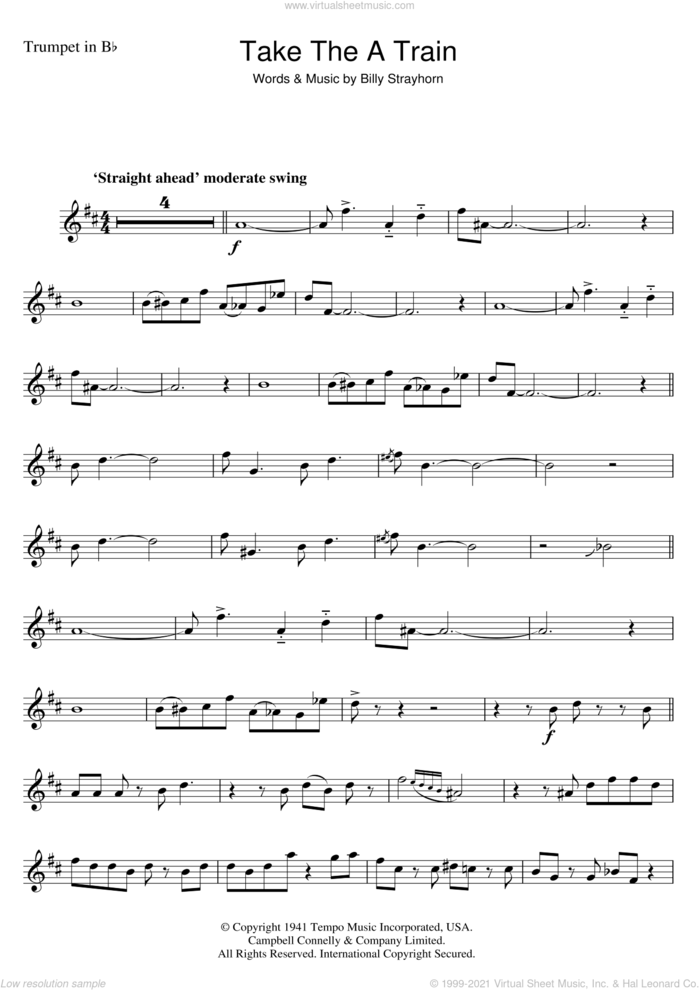 Take The 'A' Train sheet music for trumpet solo by Duke Ellington and Billy Strayhorn, intermediate skill level