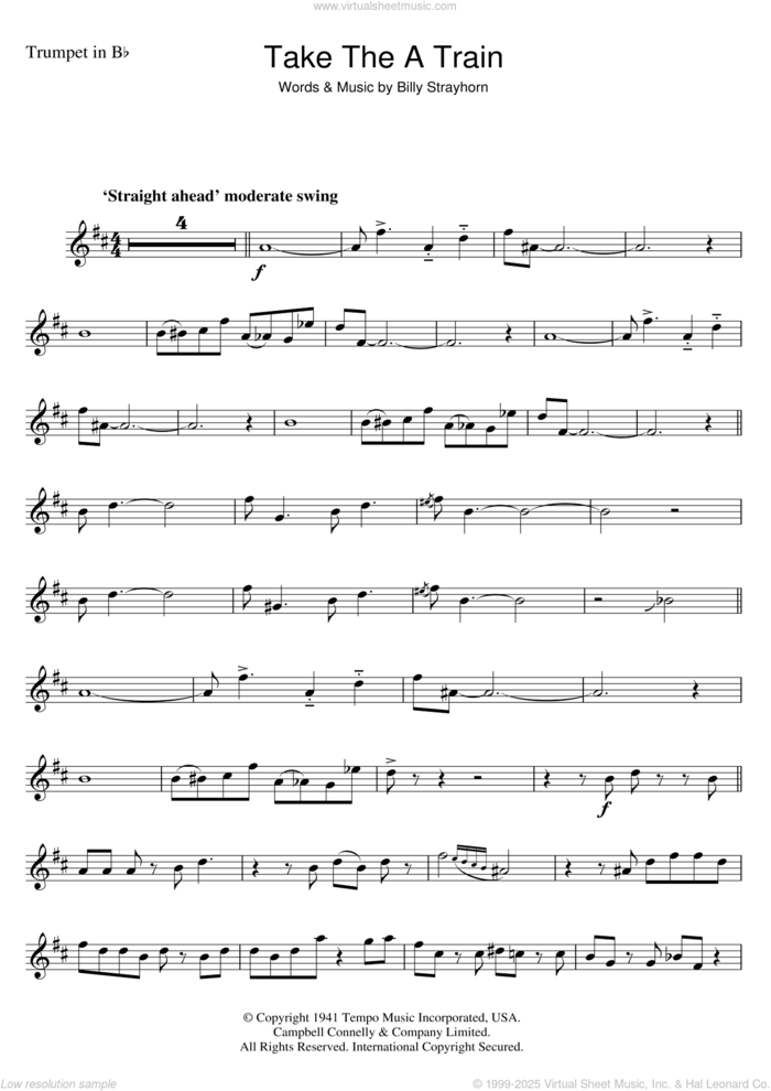 Take The 'A' Train sheet music for trumpet solo by Duke Ellington and Billy Strayhorn, intermediate skill level