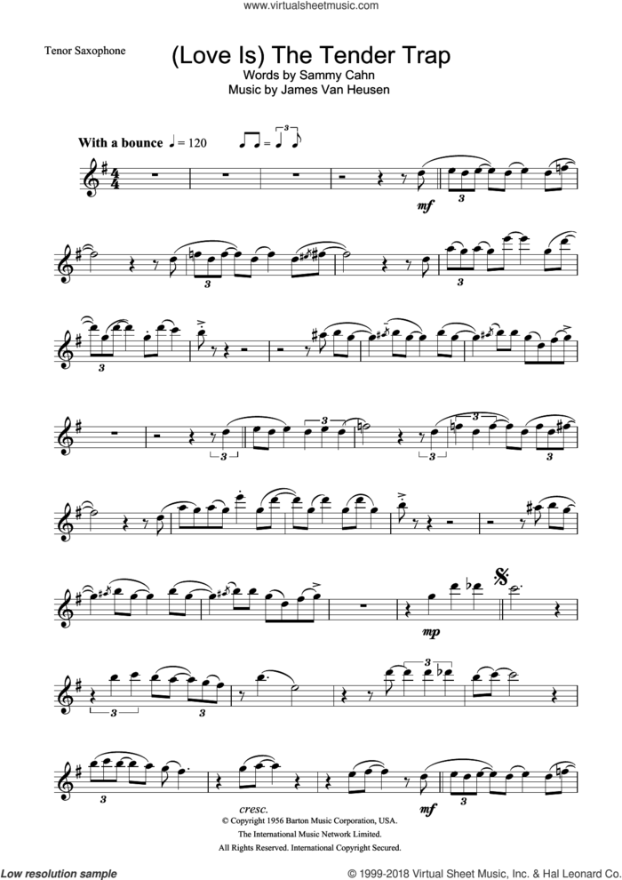 (Love Is) The Tender Trap sheet music for tenor saxophone solo by Frank Sinatra, Jimmy Van Heusen and Sammy Cahn, intermediate skill level
