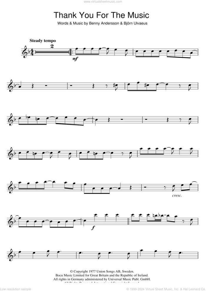 Thank You For The Music sheet music for flute solo by ABBA, Benny Andersson and Bjorn Ulvaeus, intermediate skill level