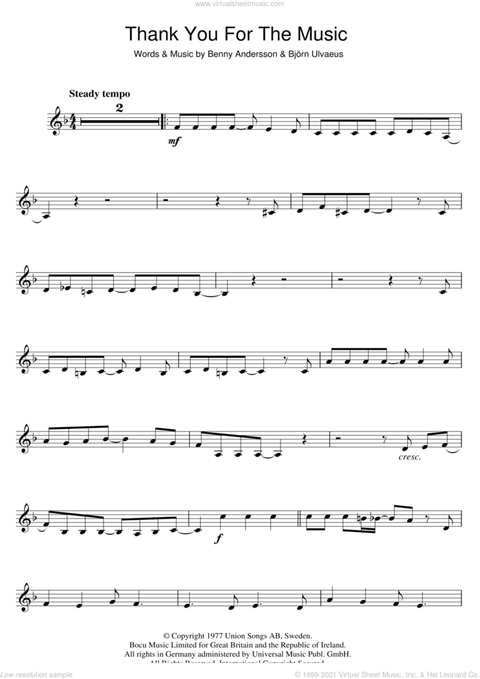 Thank You For The Music sheet music for violin solo by ABBA, Benny Andersson and Bjorn Ulvaeus, intermediate skill level